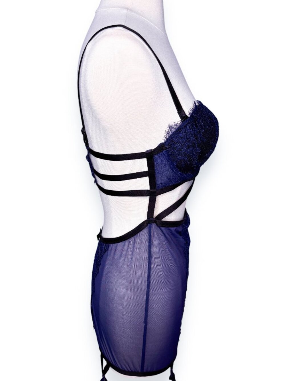 Victoria's Secret Blue Mesh Lace Black Strappy Cutout Lingerie Size 36B - Picture 5 of 6